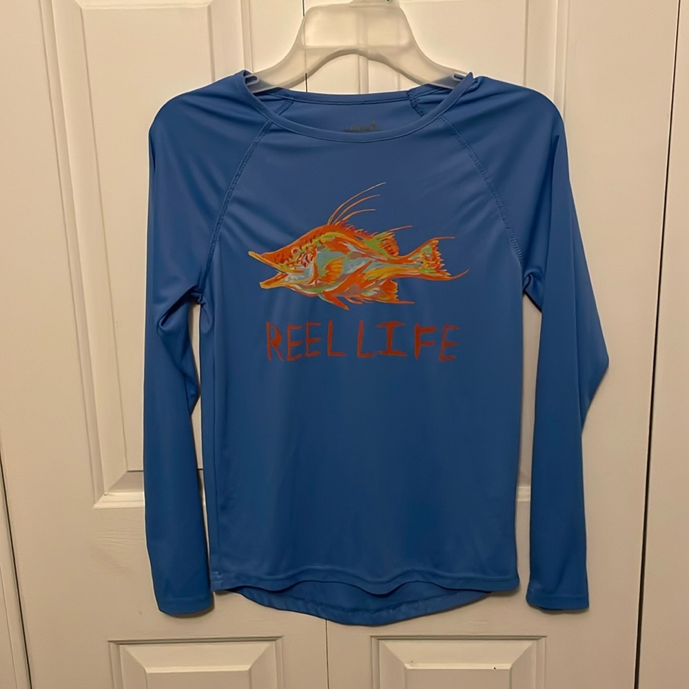 Reel Life Sz Small blue long sleeve UV shirt GUC B39